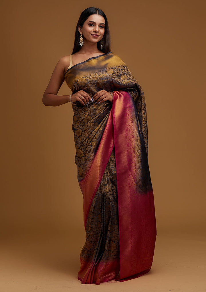 Navy Blue Zariwork Art Silk Designer Saree - Koskii