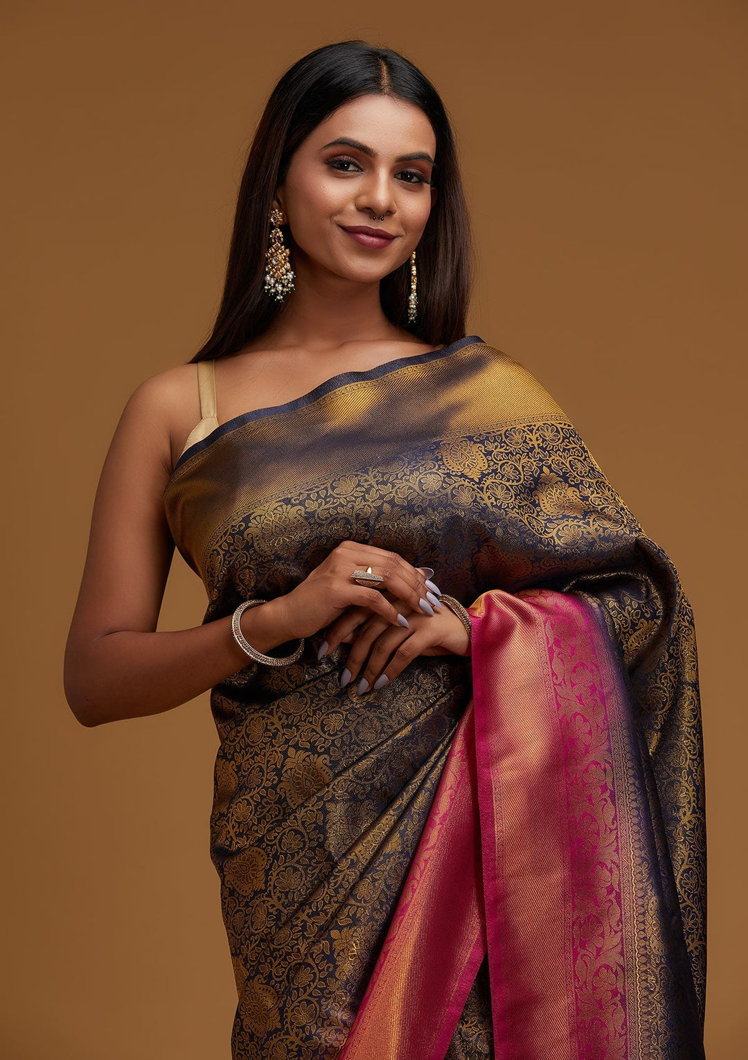 Navy Blue Zariwork Art Silk Designer Saree - Koskii