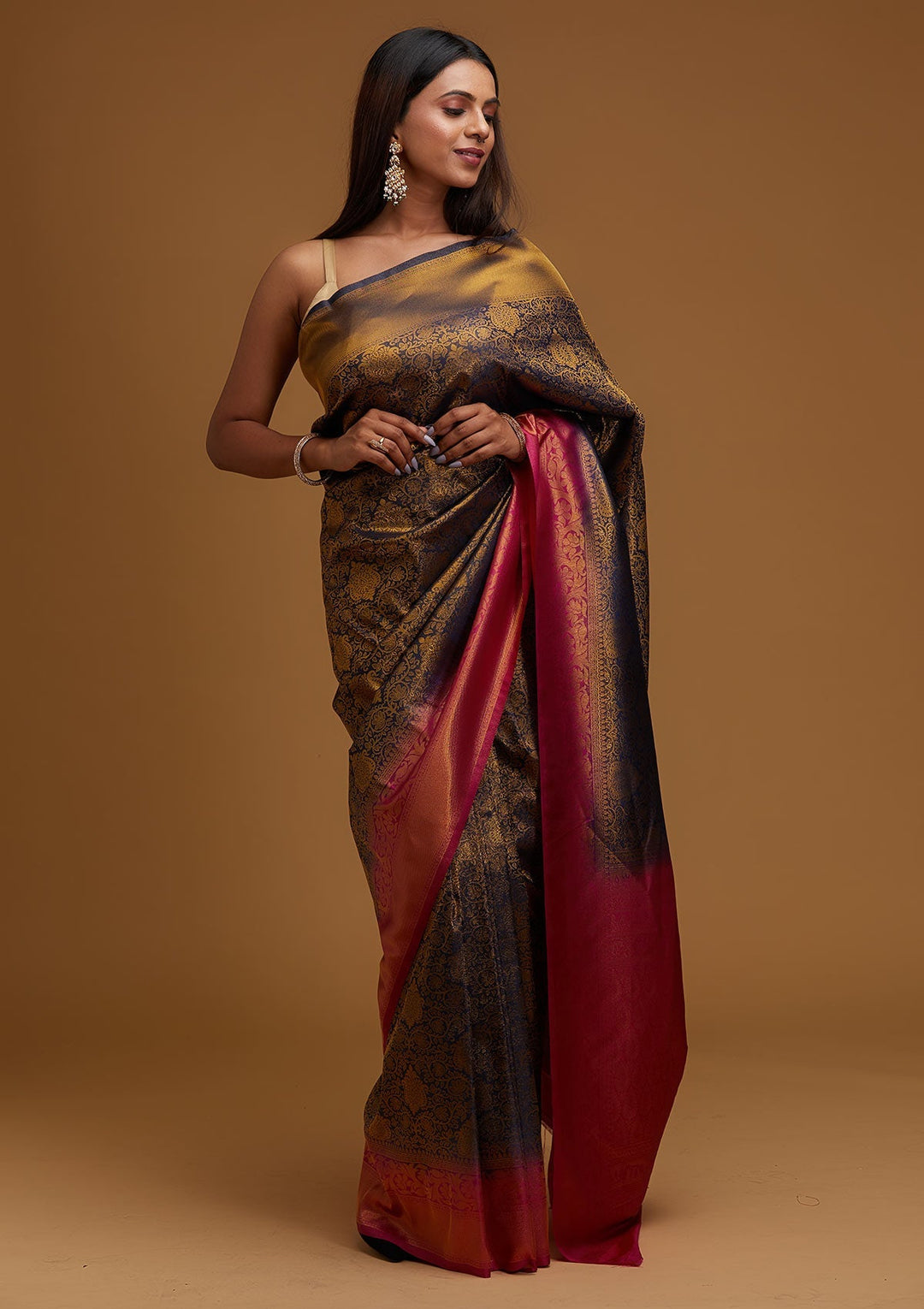 Navy Blue Zariwork Art Silk Designer Saree - Koskii
