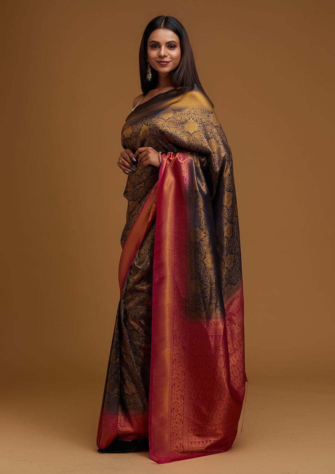 Navy Blue Zariwork Art Silk Designer Saree - Koskii