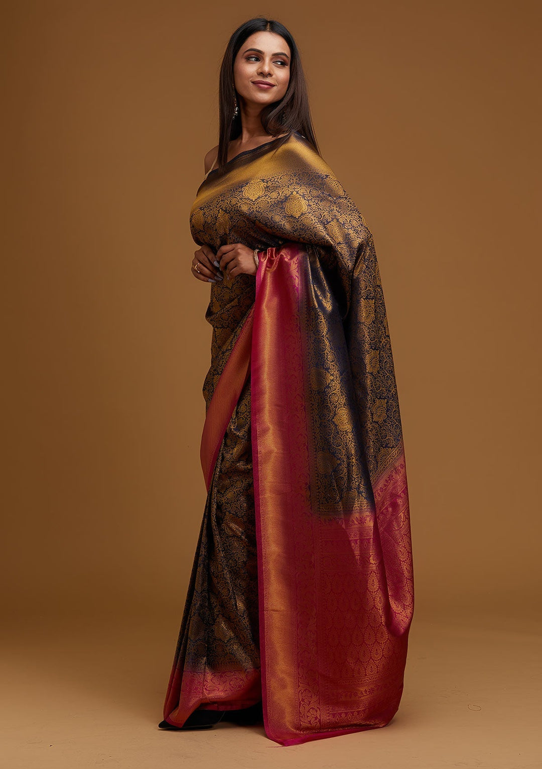 Navy Blue Zariwork Art Silk Designer Saree - Koskii