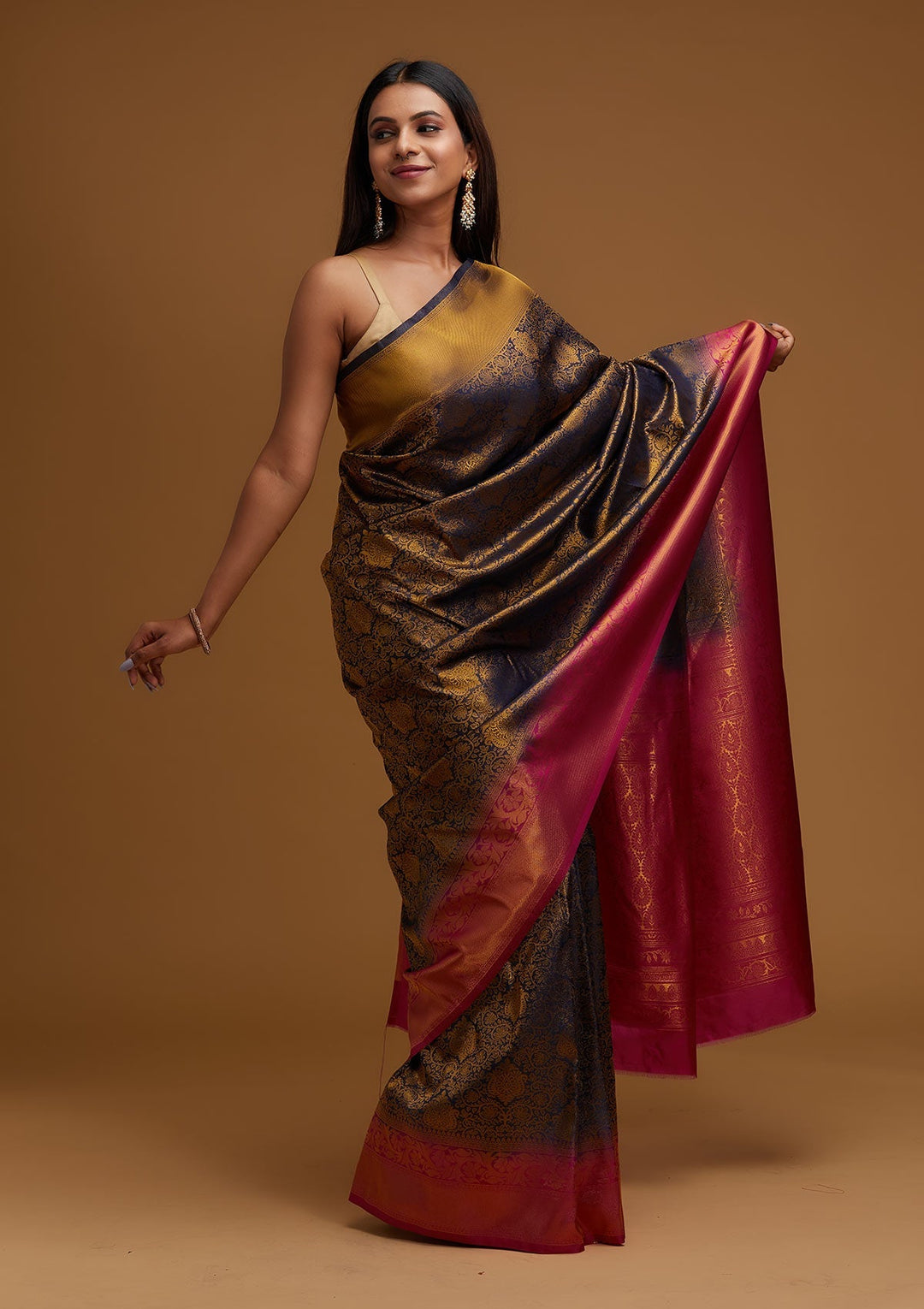 Navy Blue Zariwork Art Silk Designer Saree - Koskii
