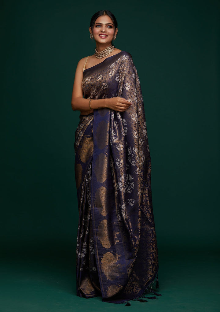 Navy Blue Zariwork Art Silk Designer Saree - Koskii