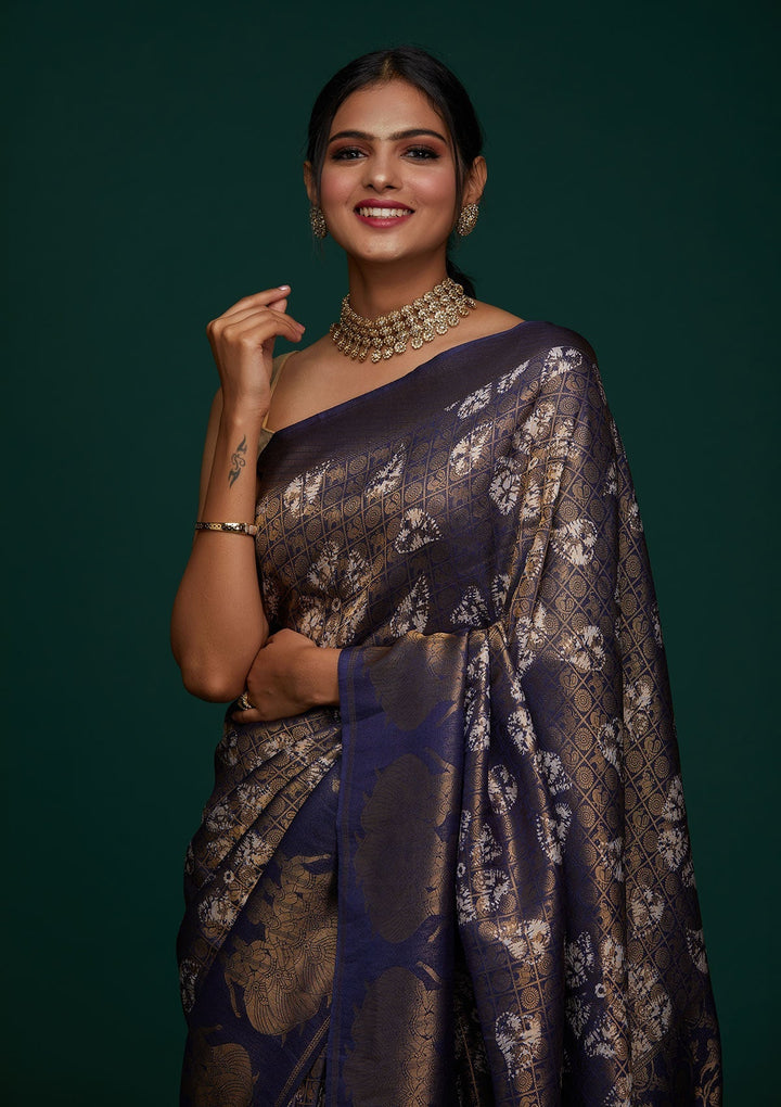 Navy Blue Zariwork Art Silk Designer Saree - Koskii