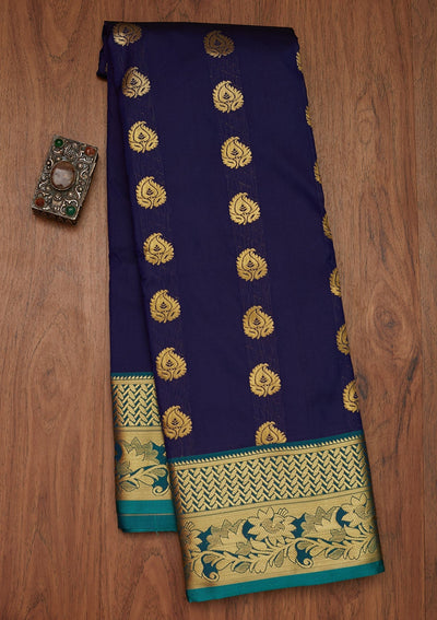 Navy Blue Zariwork Banarasi Silk Designer Saree - Koskii