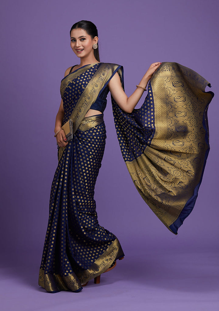 Navy Blue Zariwork Art Silk Saree-Koskii