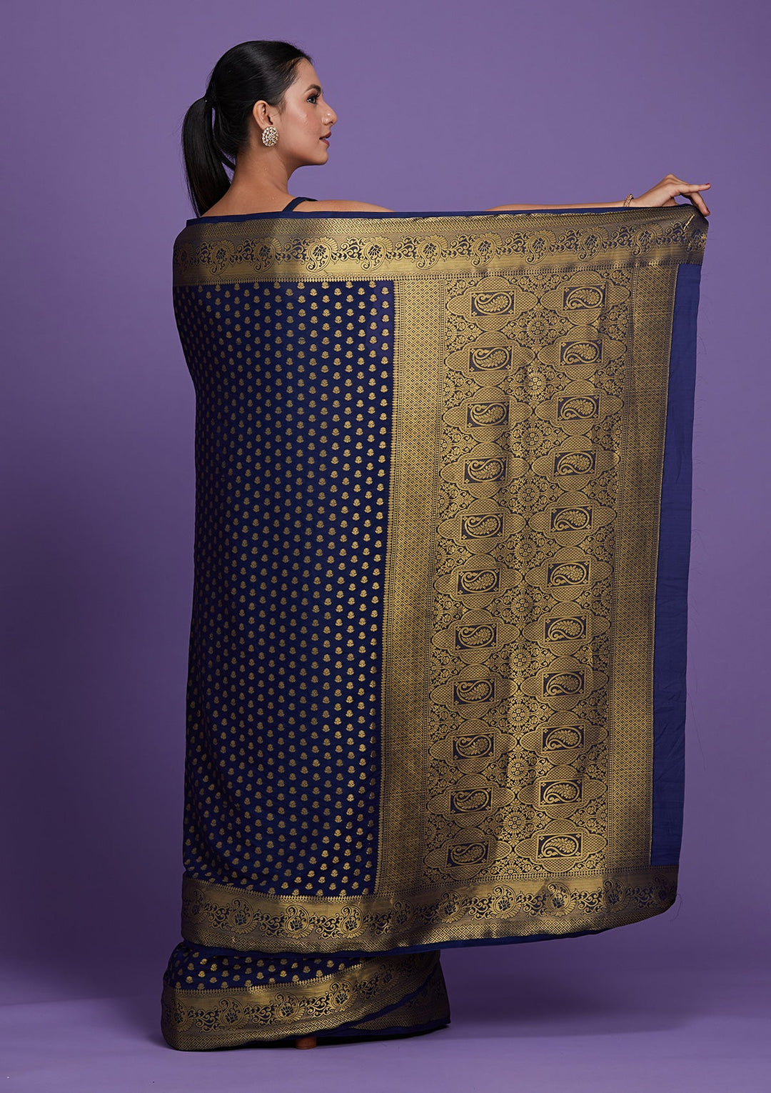Navy Blue Zariwork Art Silk Saree-Koskii