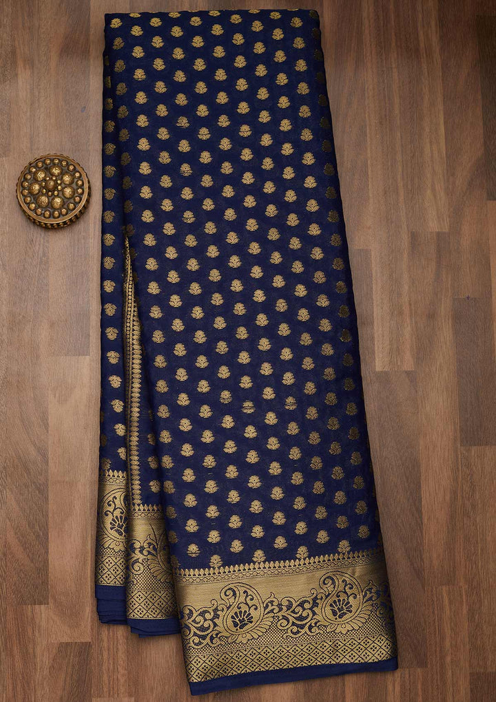 Navy Blue Zariwork Art Silk Saree-Koskii