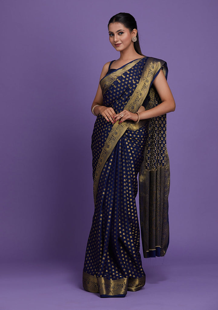 Navy Blue Zariwork Art Silk Saree-Koskii