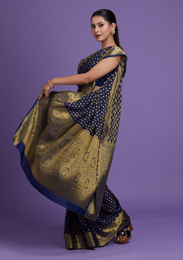 Navy Blue Zariwork Art Silk Saree-Koskii