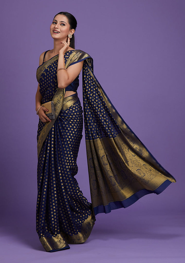 Navy Blue Zariwork Art Silk Saree-Koskii