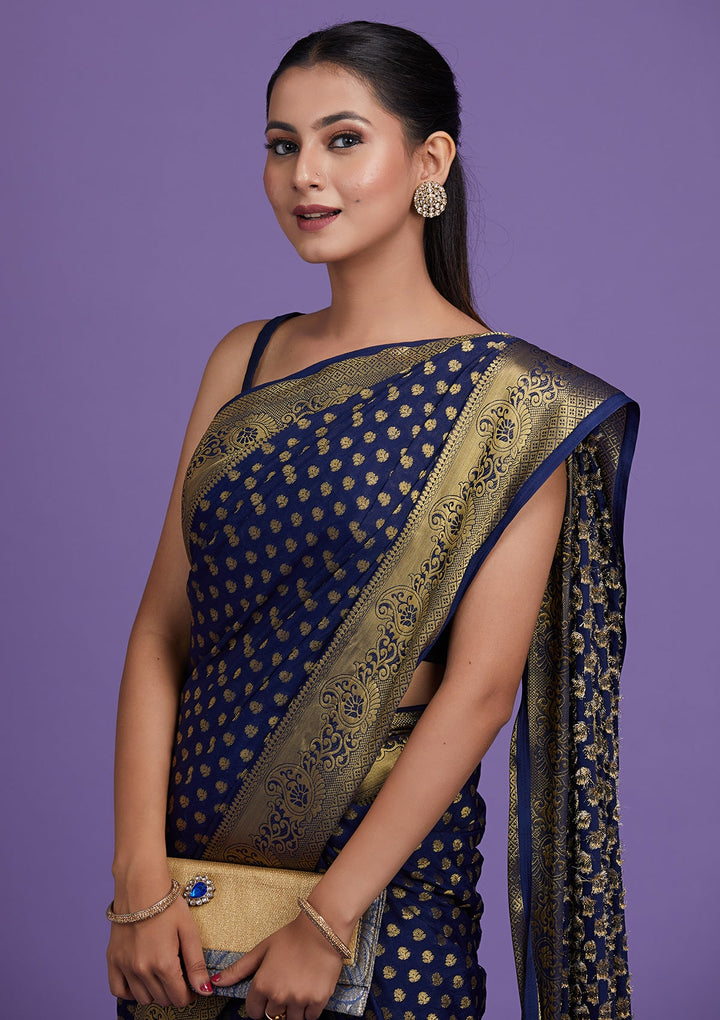 Navy Blue Zariwork Art Silk Saree-Koskii