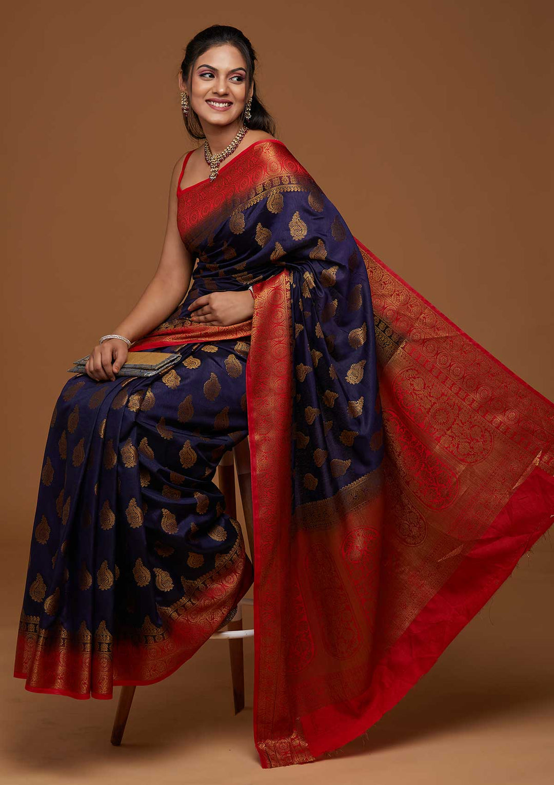 Navy Blue Zariwork Art Silk Saree-Koskii