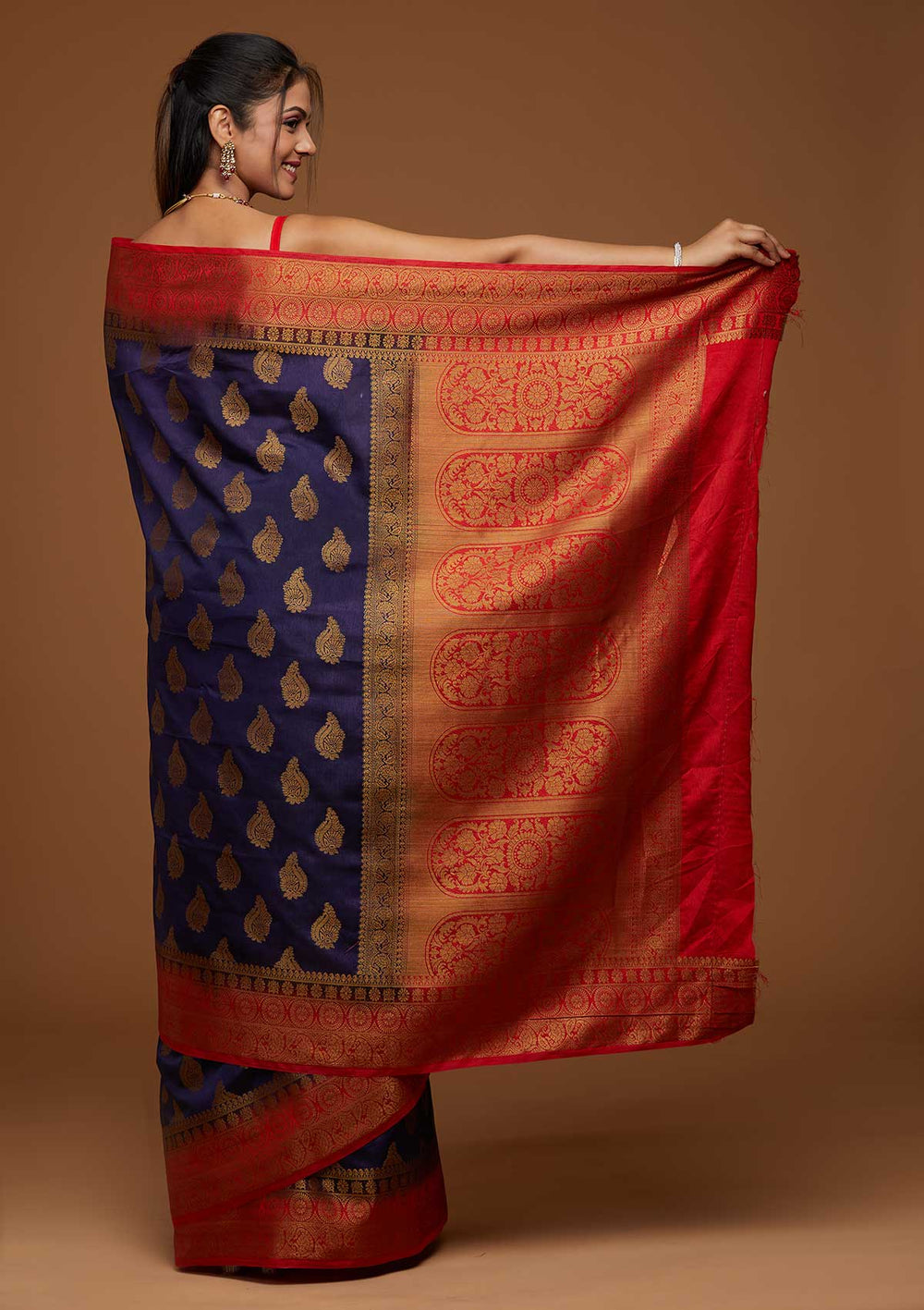 Navy Blue Zariwork Art Silk Saree-Koskii