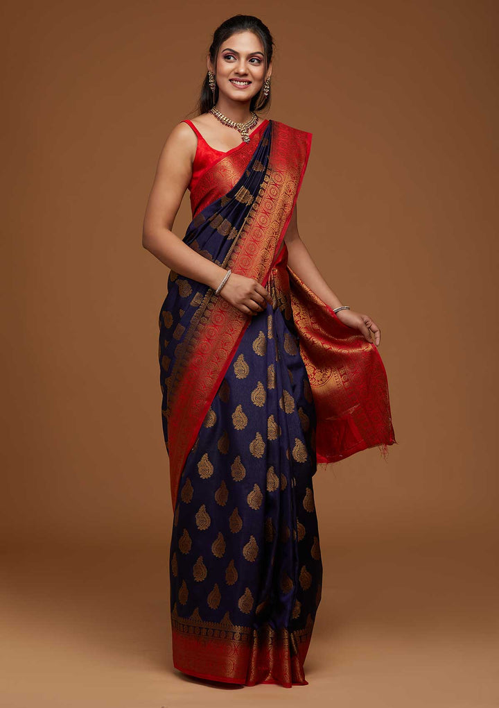 Navy Blue Zariwork Art Silk Saree-Koskii