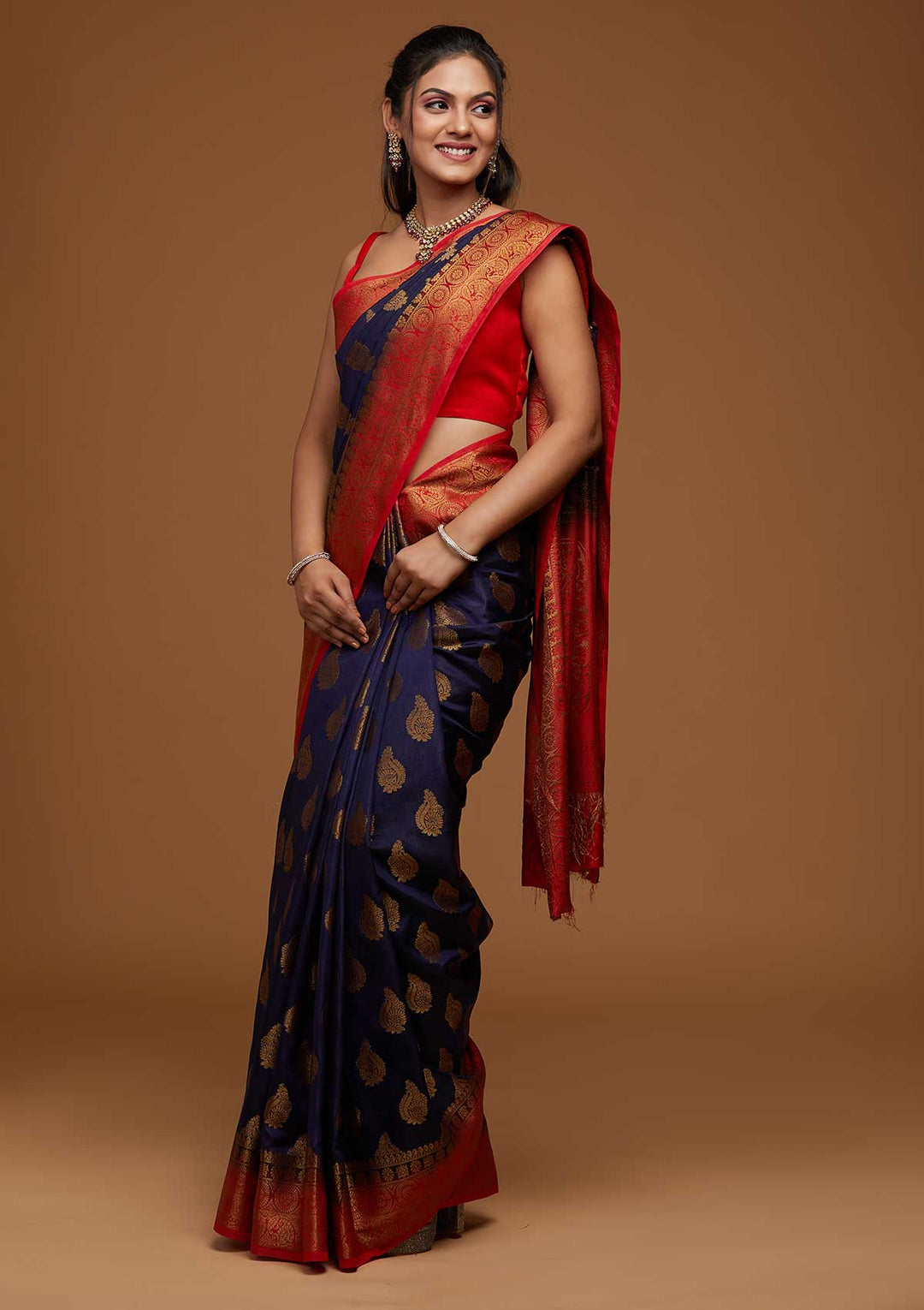 Navy Blue Zariwork Art Silk Saree-Koskii