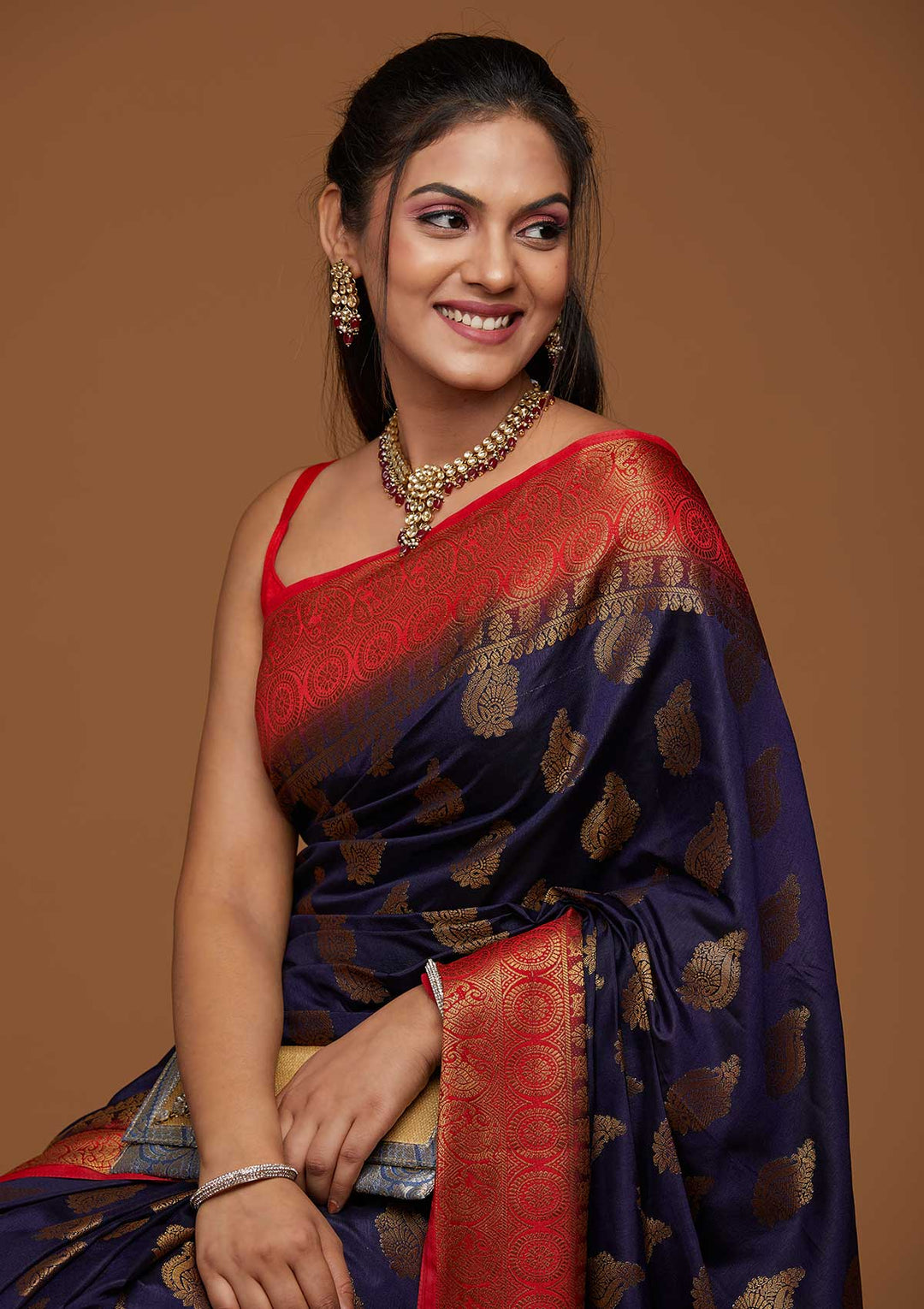 Navy Blue Zariwork Art Silk Saree-Koskii