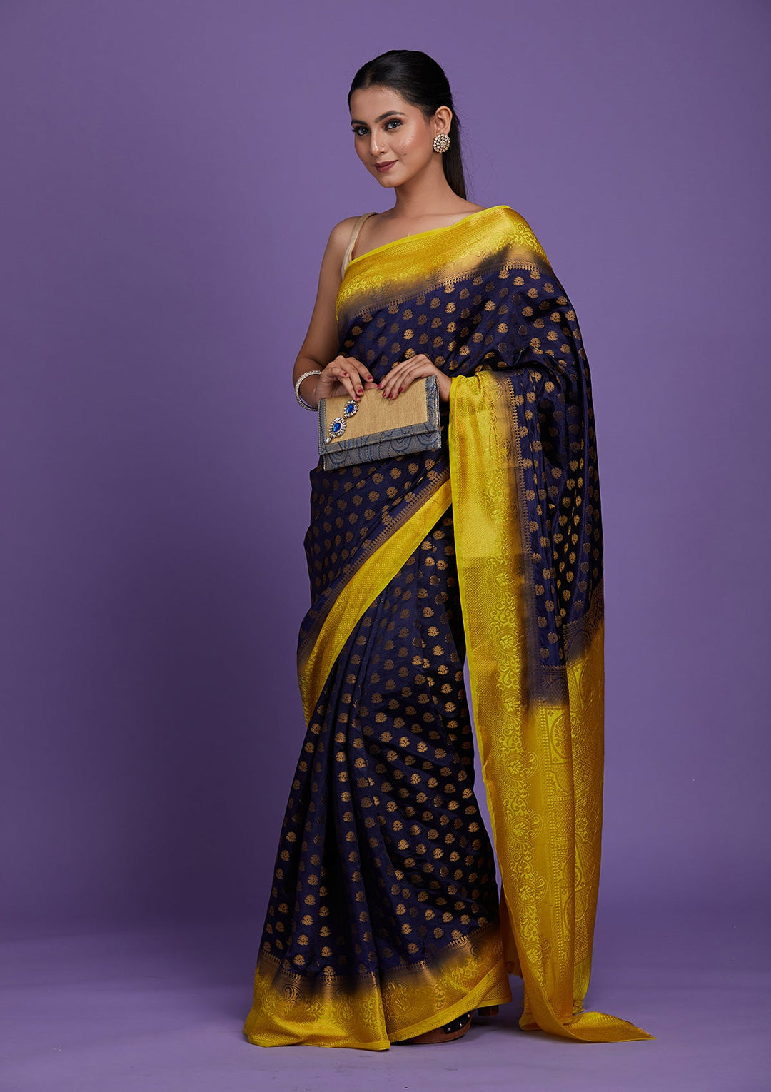 Navy Blue Zariwork Art Silk Saree-Koskii
