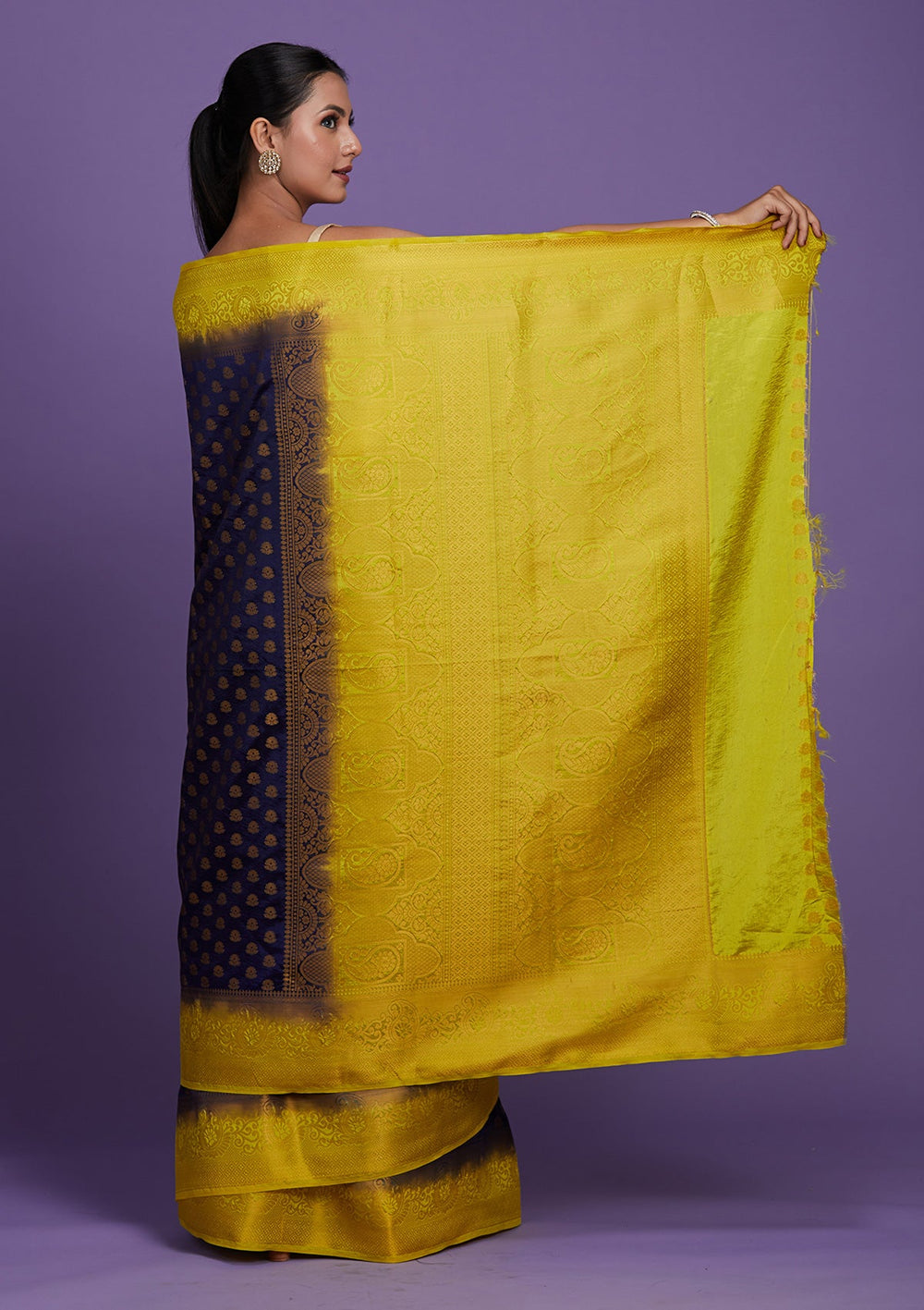 Navy Blue Zariwork Art Silk Saree-Koskii