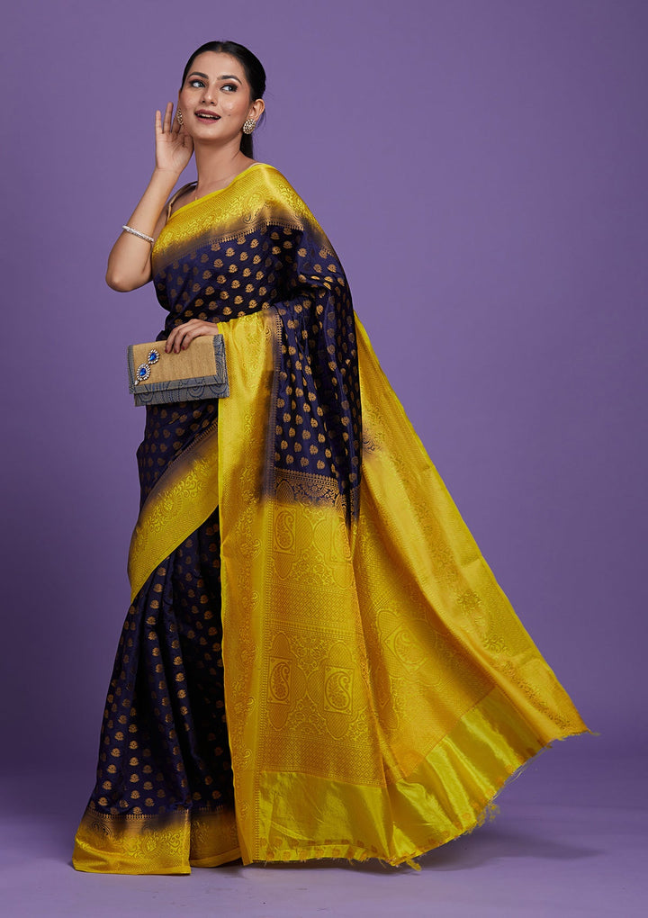 Navy Blue Zariwork Art Silk Saree-Koskii