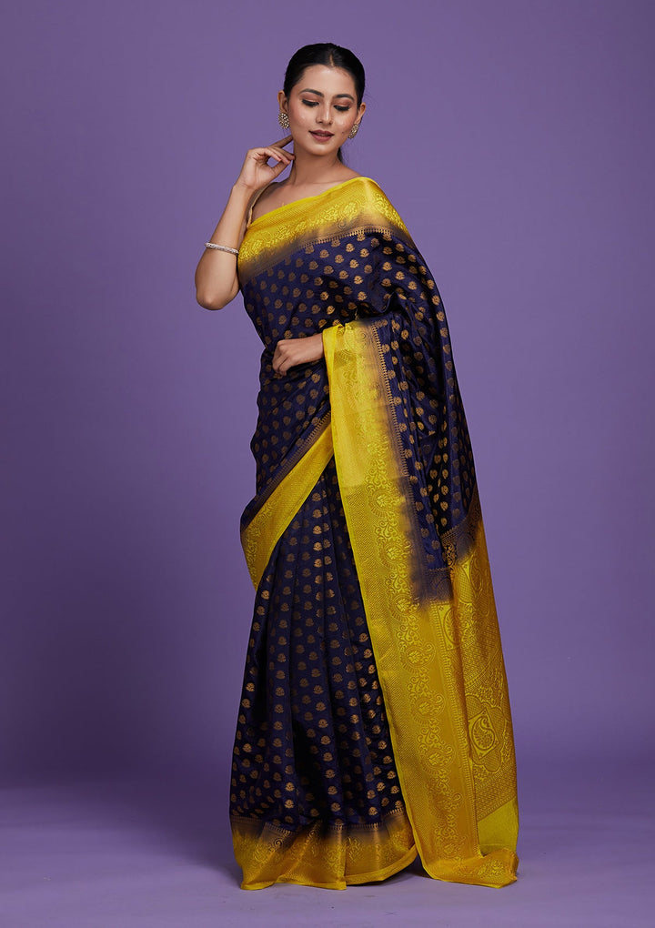 Navy Blue Zariwork Art Silk Saree-Koskii