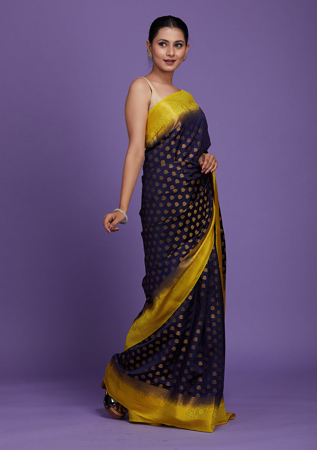 Navy Blue Zariwork Art Silk Saree-Koskii
