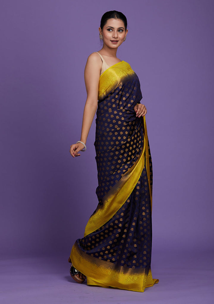 Navy Blue Zariwork Art Silk Saree-Koskii