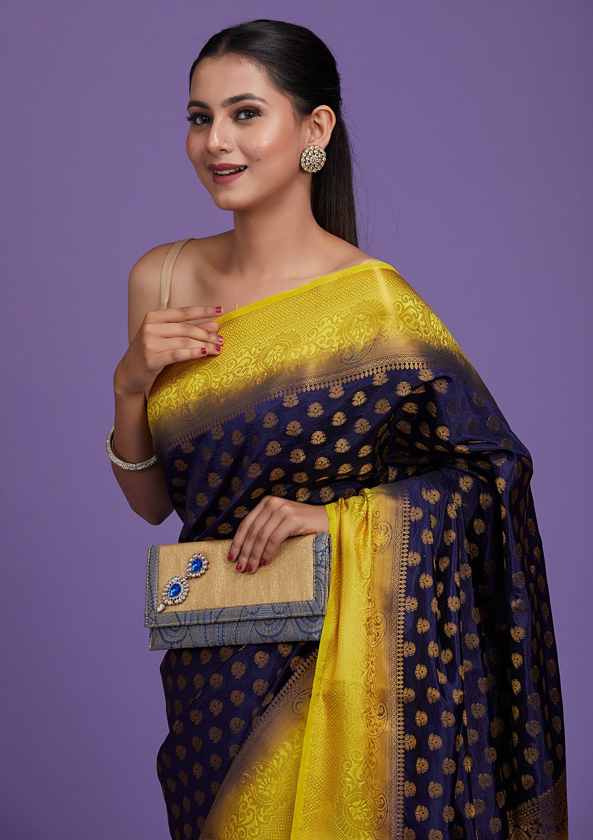 Navy Blue Zariwork Art Silk Saree-Koskii