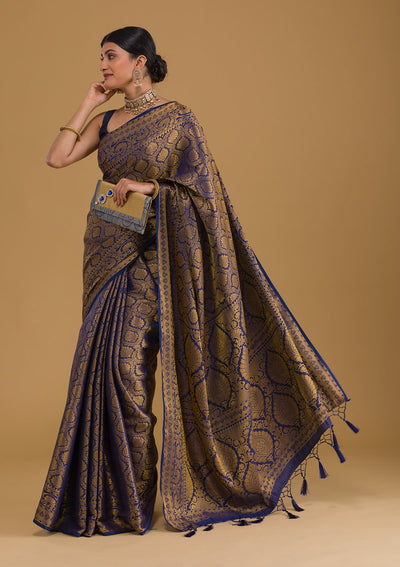 Navy Blue Zariwork Banarasi Saree-Koskii