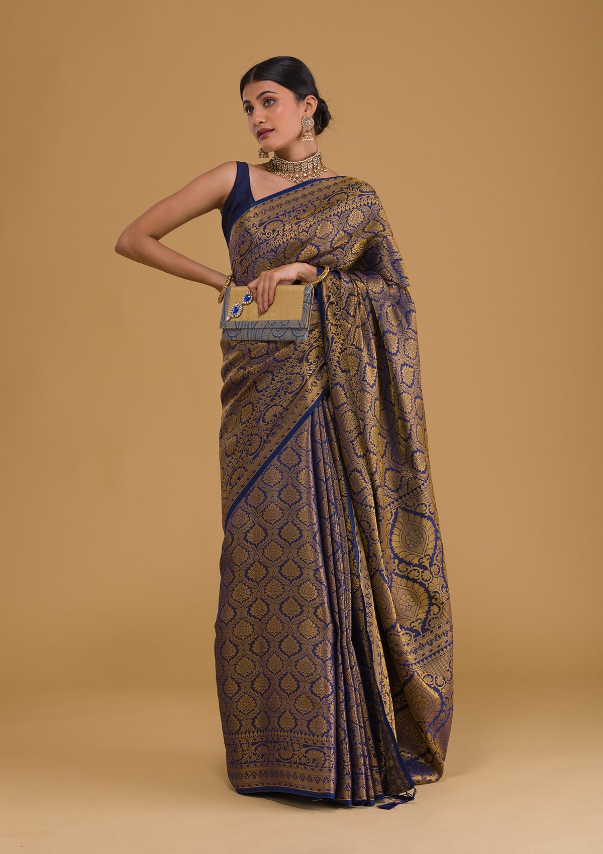 Navy Blue Zariwork Banarasi Saree-Koskii