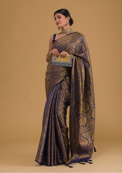 Navy Blue Zariwork Banarasi Saree-Koskii