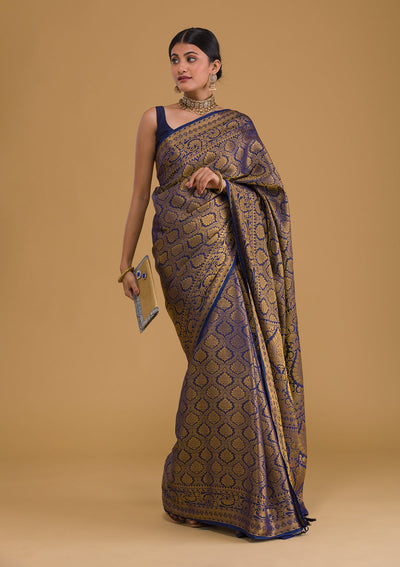 Navy Blue Zariwork Banarasi Saree-Koskii