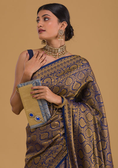 Navy Blue Zariwork Banarasi Saree-Koskii