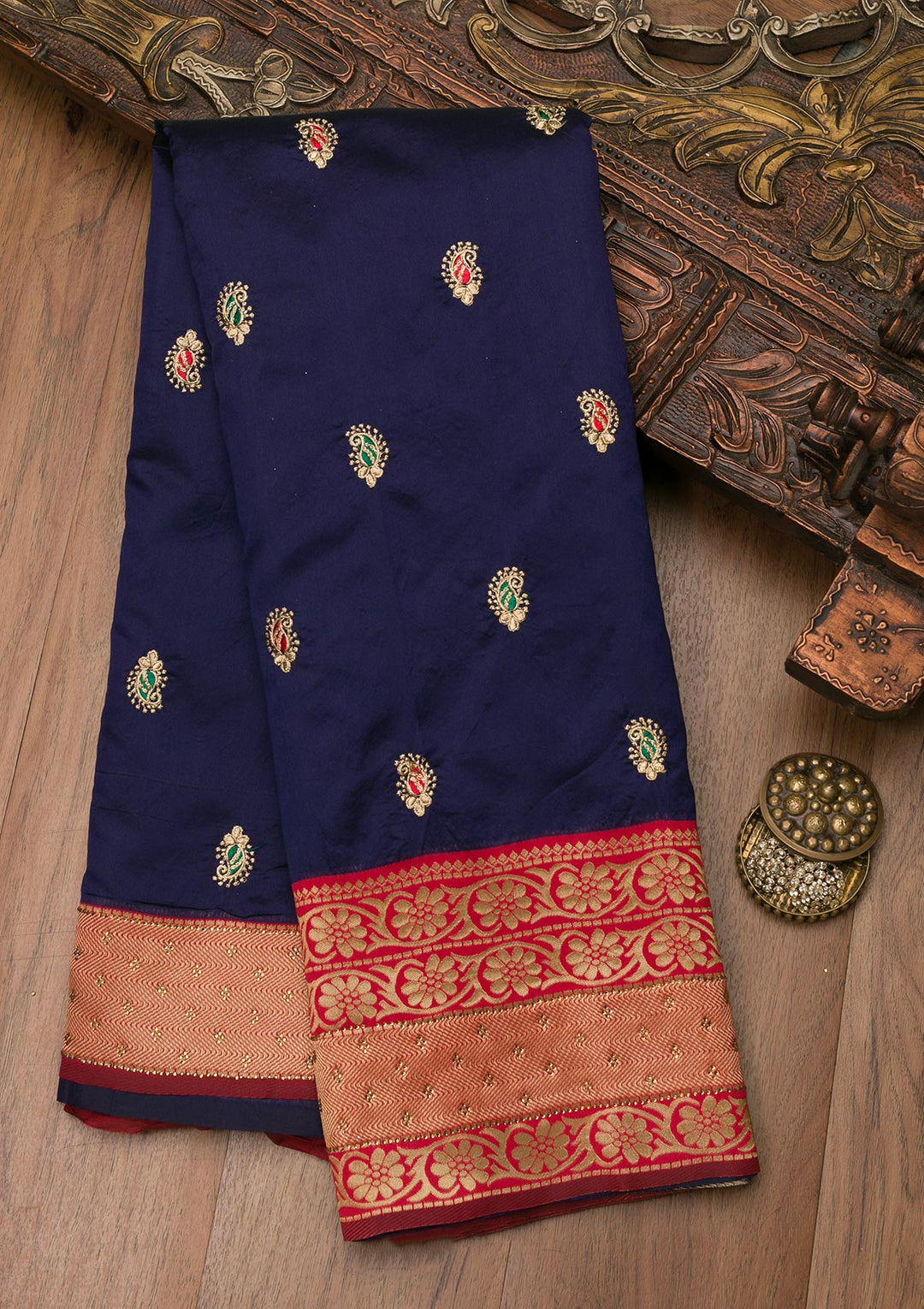 Navy Blue Zariwork Art Silk Saree-Koskii