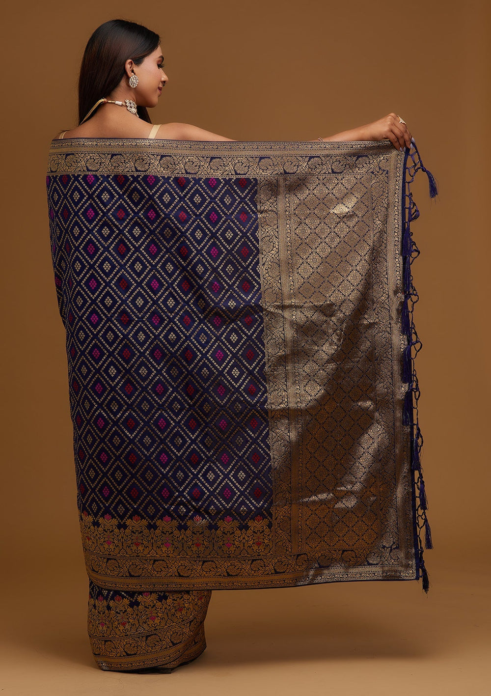 Navy Blue Zariwork Banarasi Designer Saree - Koskii