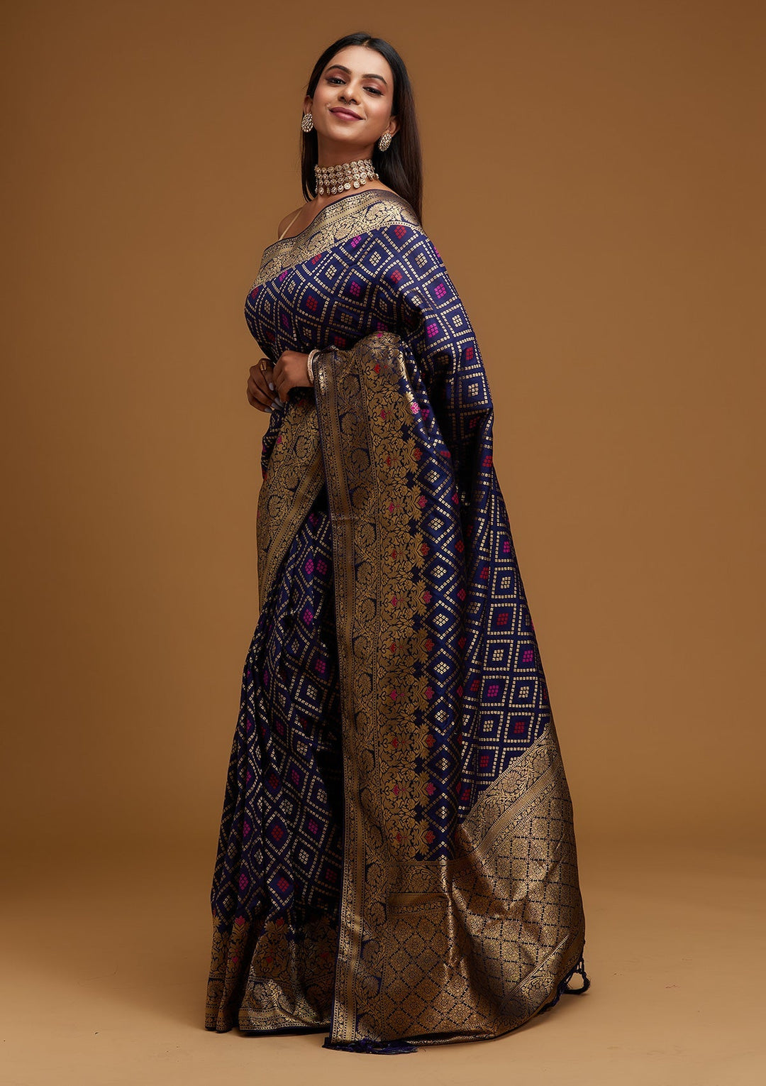 Navy Blue Zariwork Banarasi Designer Saree - Koskii