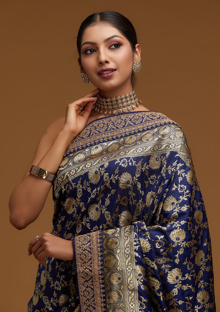 Navy Blue Zariwork Banarasi Designer Saree - Koskii