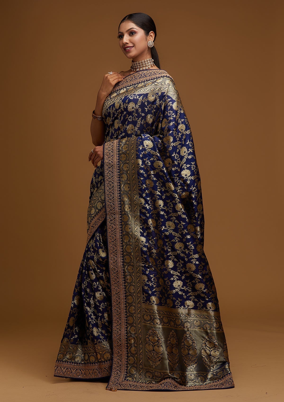 Navy Blue Zariwork Banarasi Designer Saree - Koskii