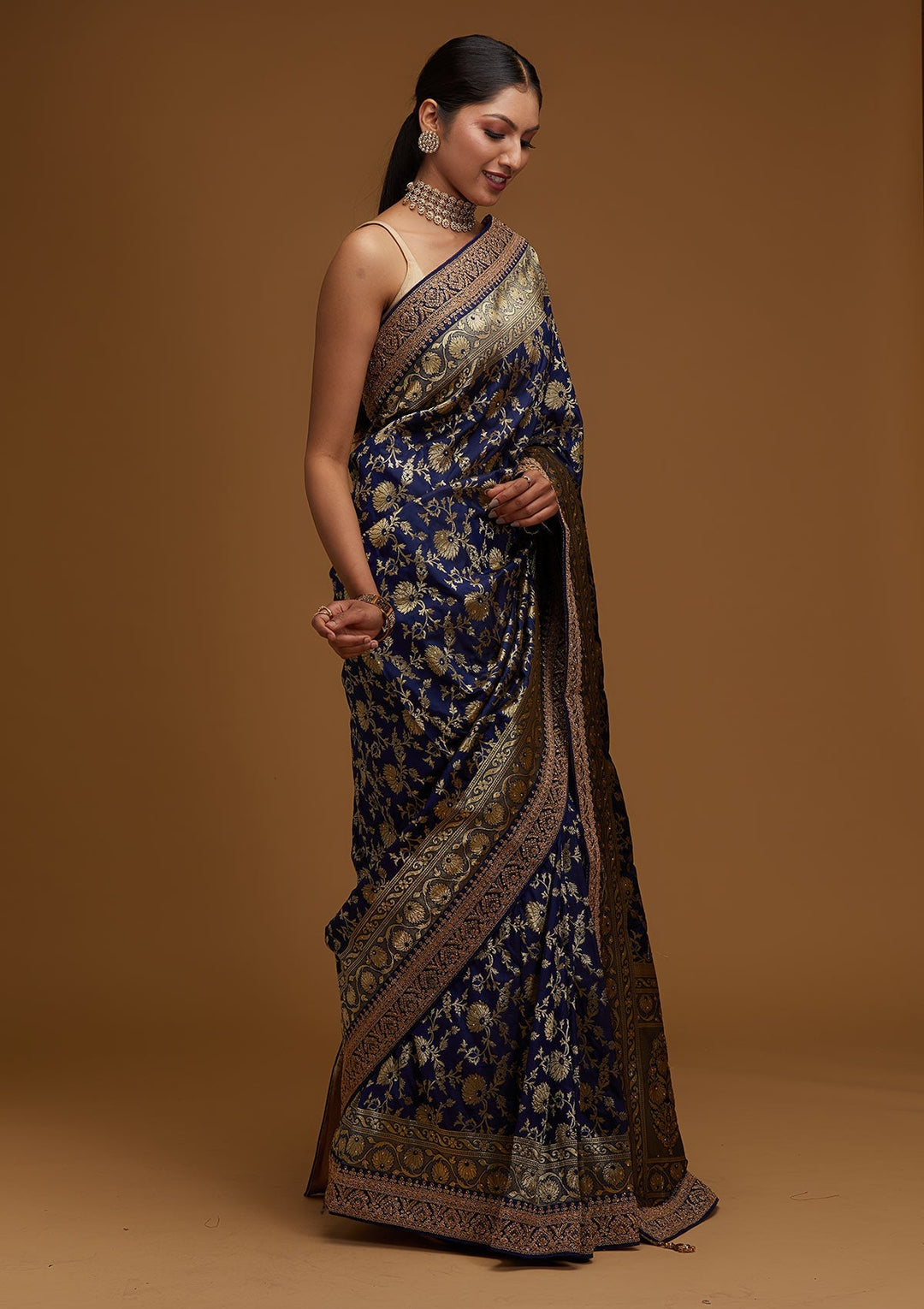 Navy Blue Zariwork Banarasi Designer Saree - Koskii
