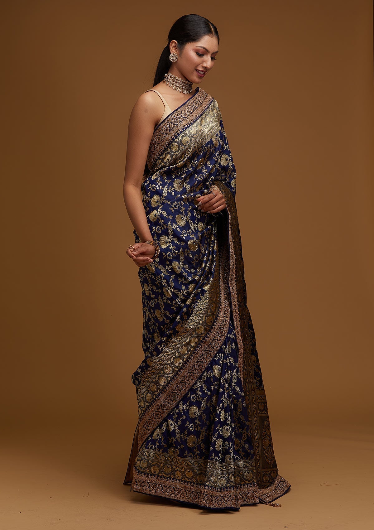 Navy Blue Zariwork Banarasi Designer Saree - Koskii