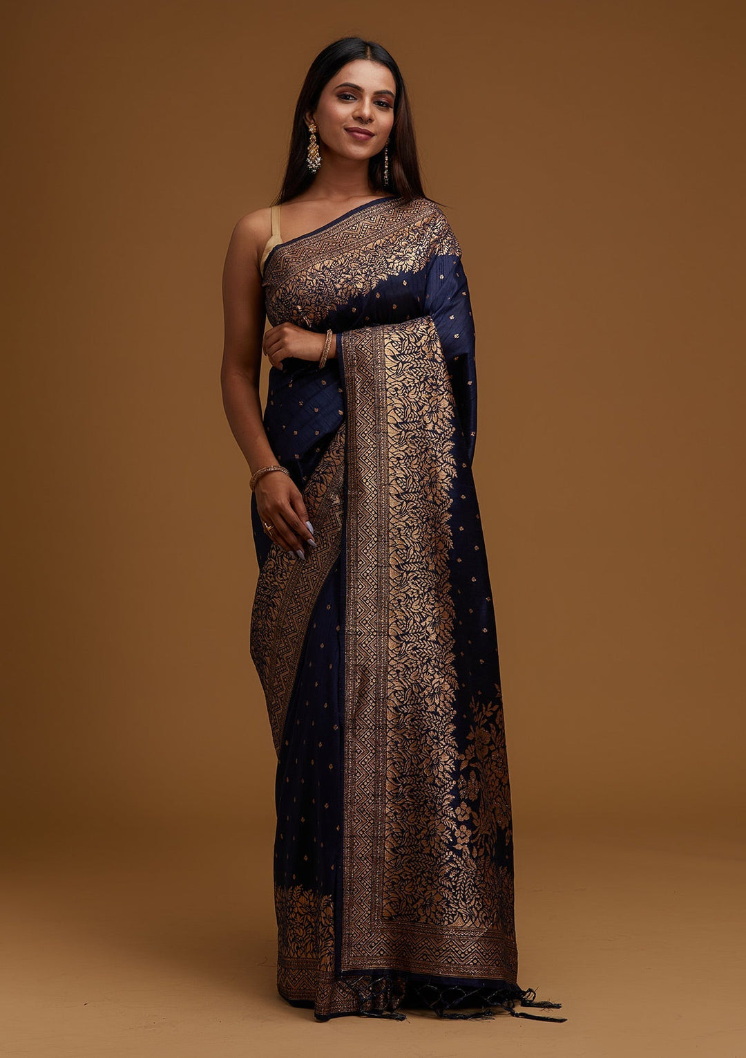 Navy Blue Zariwork Banarasi Designer Saree - Koskii