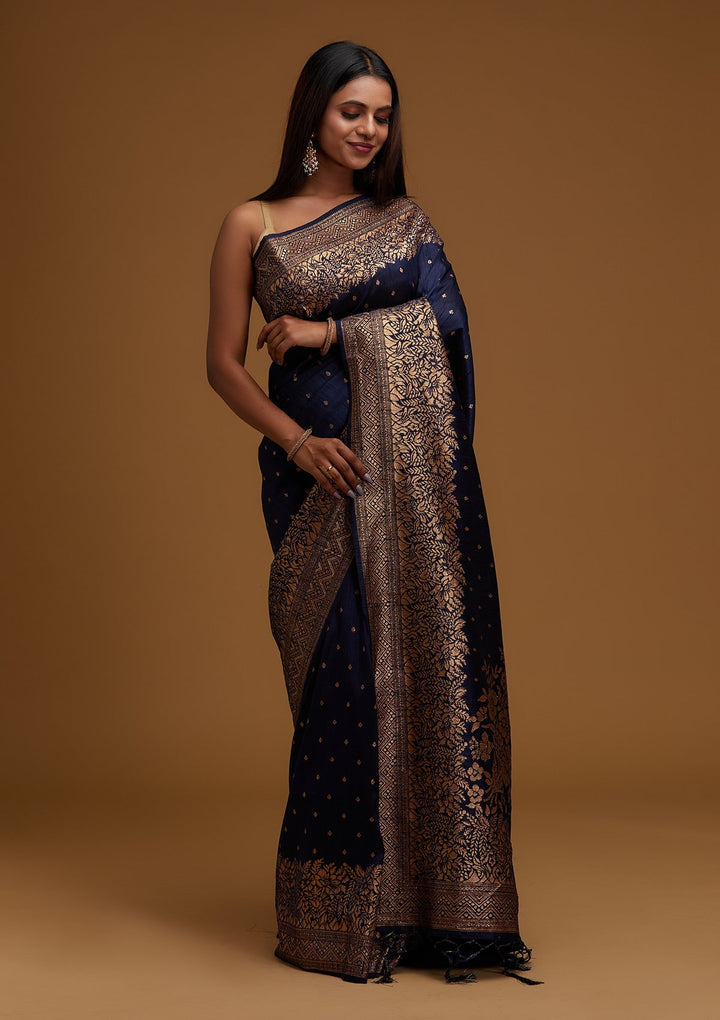 Navy Blue Zariwork Banarasi Designer Saree - Koskii