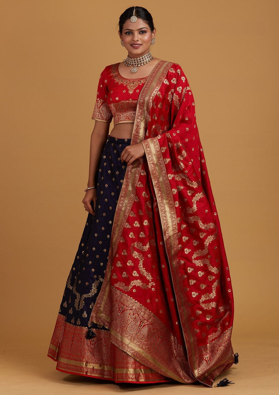 Navy Blue Zariwork Brocade Designer Semi-Stitched Lehenga - Koskii
