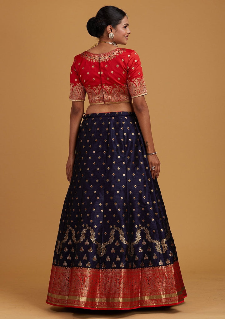 Navy Blue Zariwork Brocade Designer Semi-Stitched Lehenga - Koskii