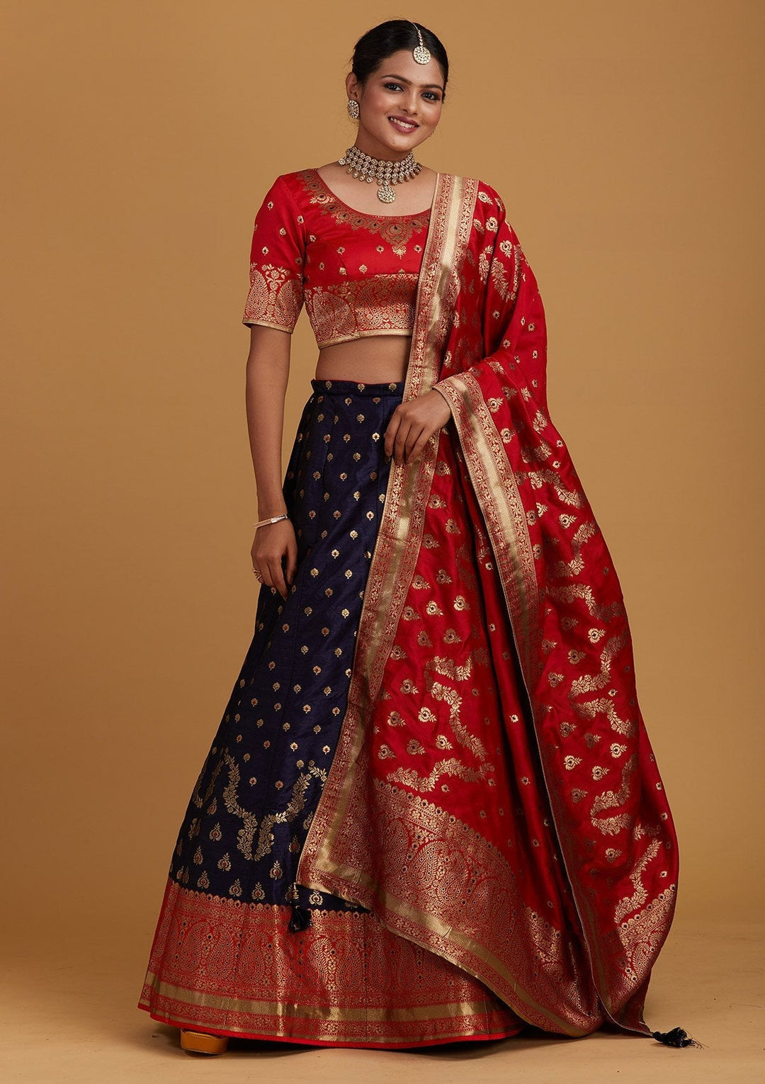 Navy Blue Zariwork Brocade Designer Semi-Stitched Lehenga - Koskii