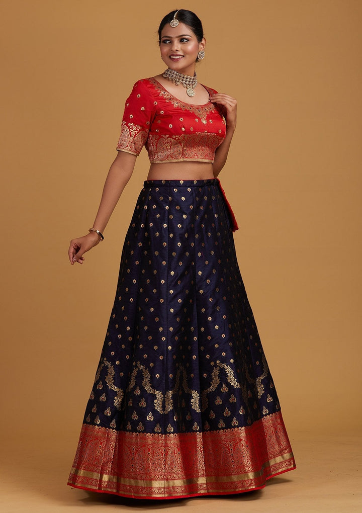 Navy Blue Zariwork Brocade Designer Semi-Stitched Lehenga - Koskii
