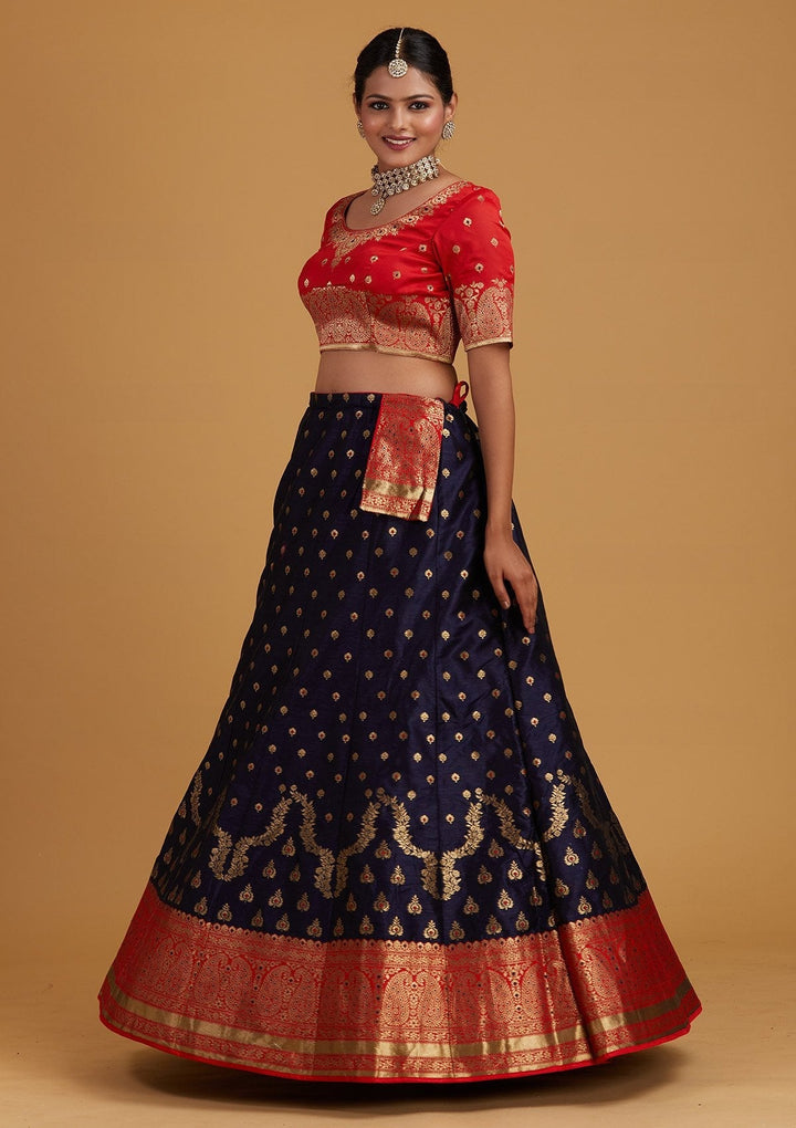 Navy Blue Zariwork Brocade Designer Semi-Stitched Lehenga - Koskii