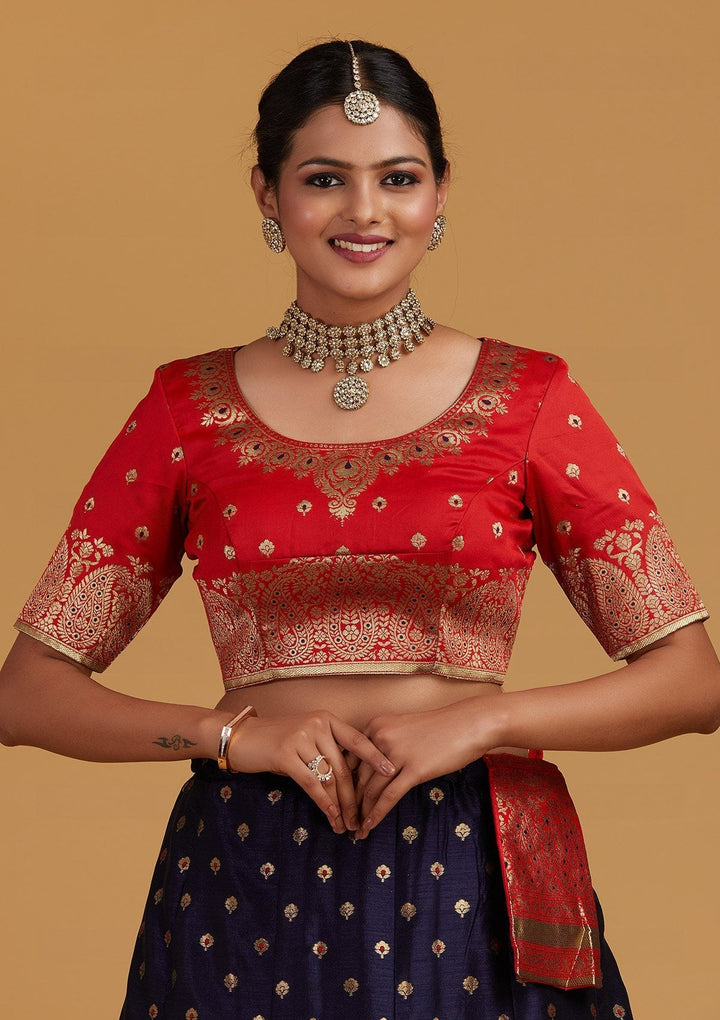 Navy Blue Zariwork Brocade Designer Semi-Stitched Lehenga - Koskii