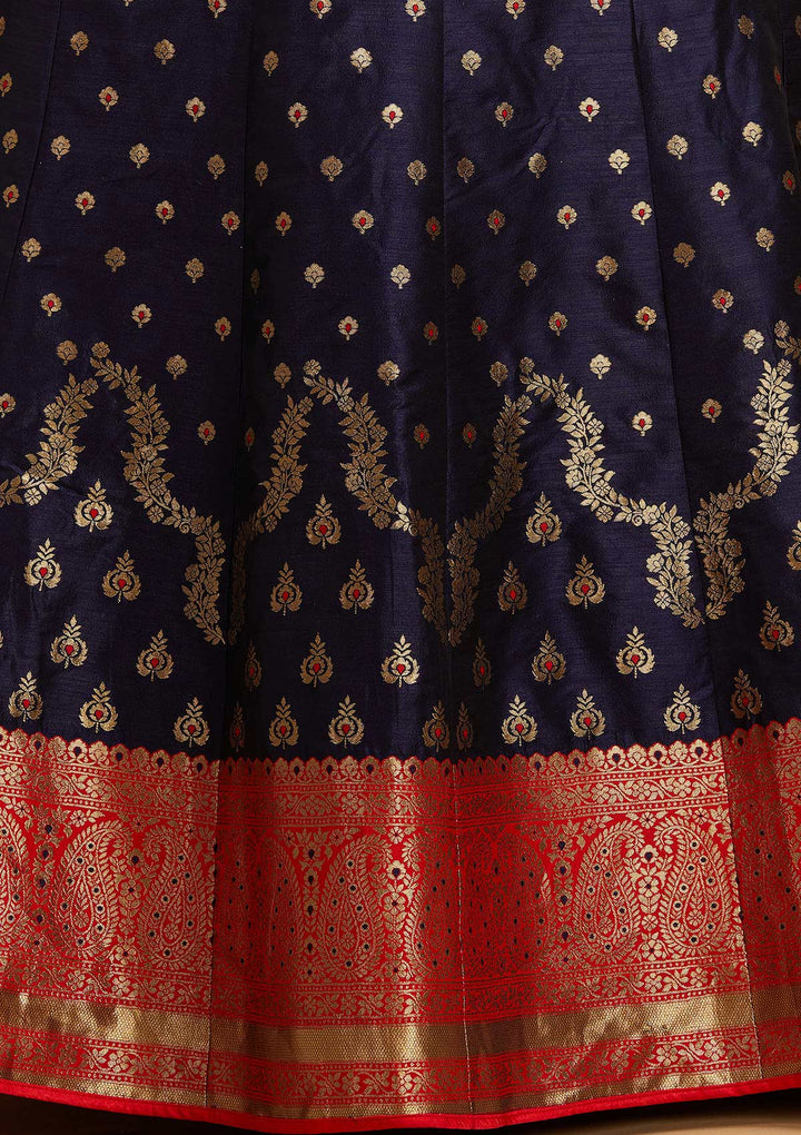 Navy Blue Zariwork Brocade Designer Semi-Stitched Lehenga - Koskii