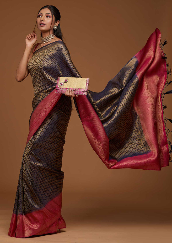 Navy Blue Zariwork Brocade Saree - Koskii